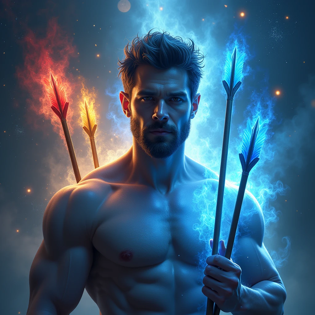 A close up portrait of a mystical depiction of a bluish fit muscular jawline man holding three arrows, red, yellow, blue, glowing with divine energy, surrounded by a powerful aura. The background could be a blend of celestial and earthly elements, showing the divine nature of his power.