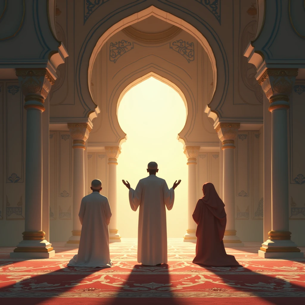 Three people are praying in the mosque, one of them is the Imam and the other two are the Muslims