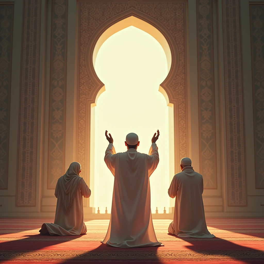 Three people are praying in the mosque, one of them is the Imam and the other two are the Muslims