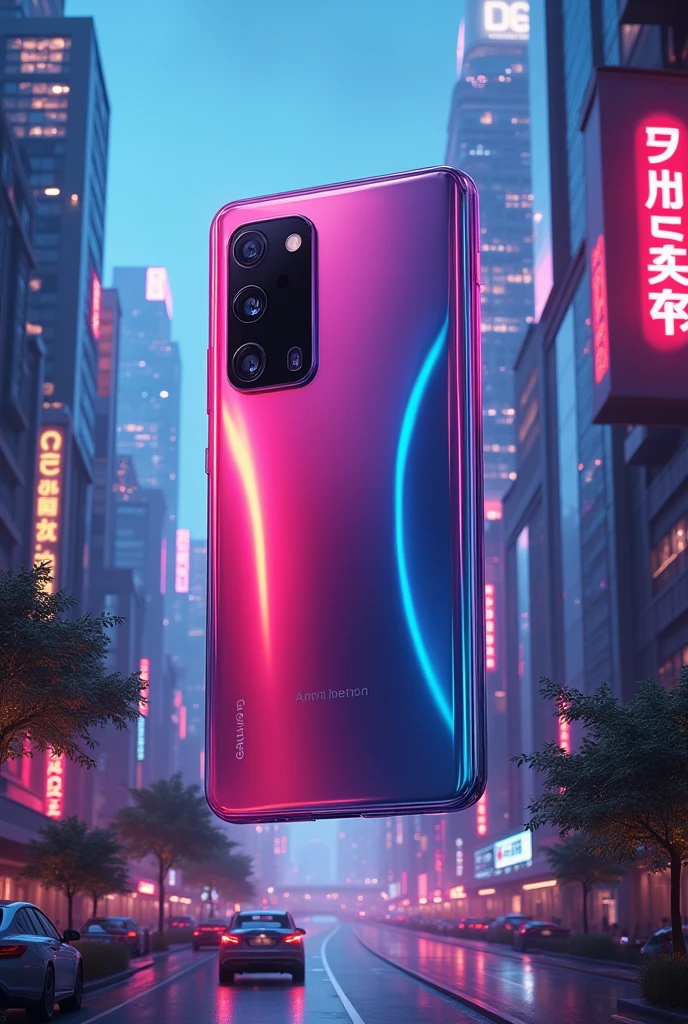 Sleek image of the Galaxy S24 Neo in multiple colors, floating against a futuristic cityscape. The phone’s Neon AI Camera is highlighted with vibrant light effects.