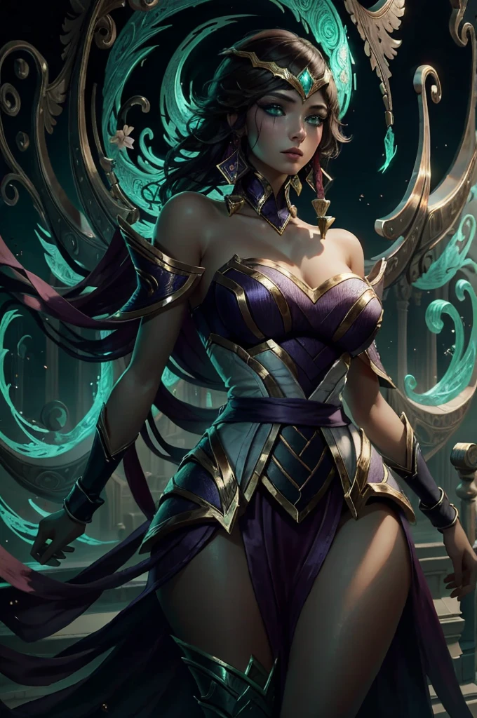 Surreal, ((Gorgeous)),  League of Legends, high resolution, 1 Girl, Extremely detailed, (Beautiful and delicate face and eyes and hair:1.1), masterpiece, perfect face, Pretty Face,  Textured Skin, Beautiful and delicate face, Sensual, beautiful eyes, masterpiece, Intricate details, 1 Girl, Looking at the audience ,Solitary, Tempting, , Extremely beautiful, Large Breasts, pretty Woman, Beautiful woman, Half Body, perfect,  Kalmar, (Sexy pose:1.2),  Hair accessories,  Looking at the audience, Green Eyes,