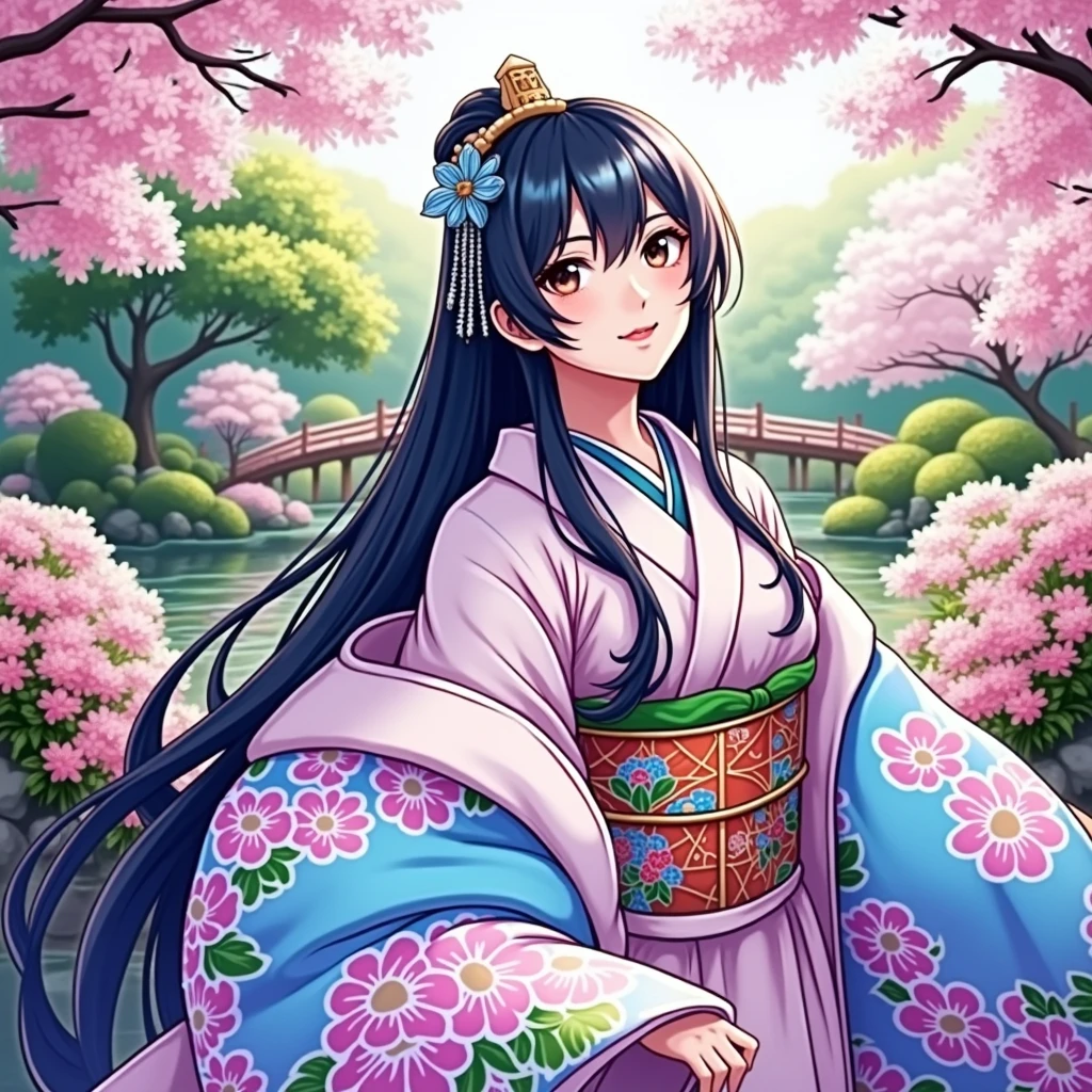 (masterpiece、Highest quality、8k、High resolution)、Traditional Japanese beauty in kimono、Floral pattern on white background、Vibrant colors、Japanese garden、There is a pond、Colorful flowers、Vibrant colors、Cherry Blossom、There is a drum bridge、A complete portrayal、Detailed anime art、