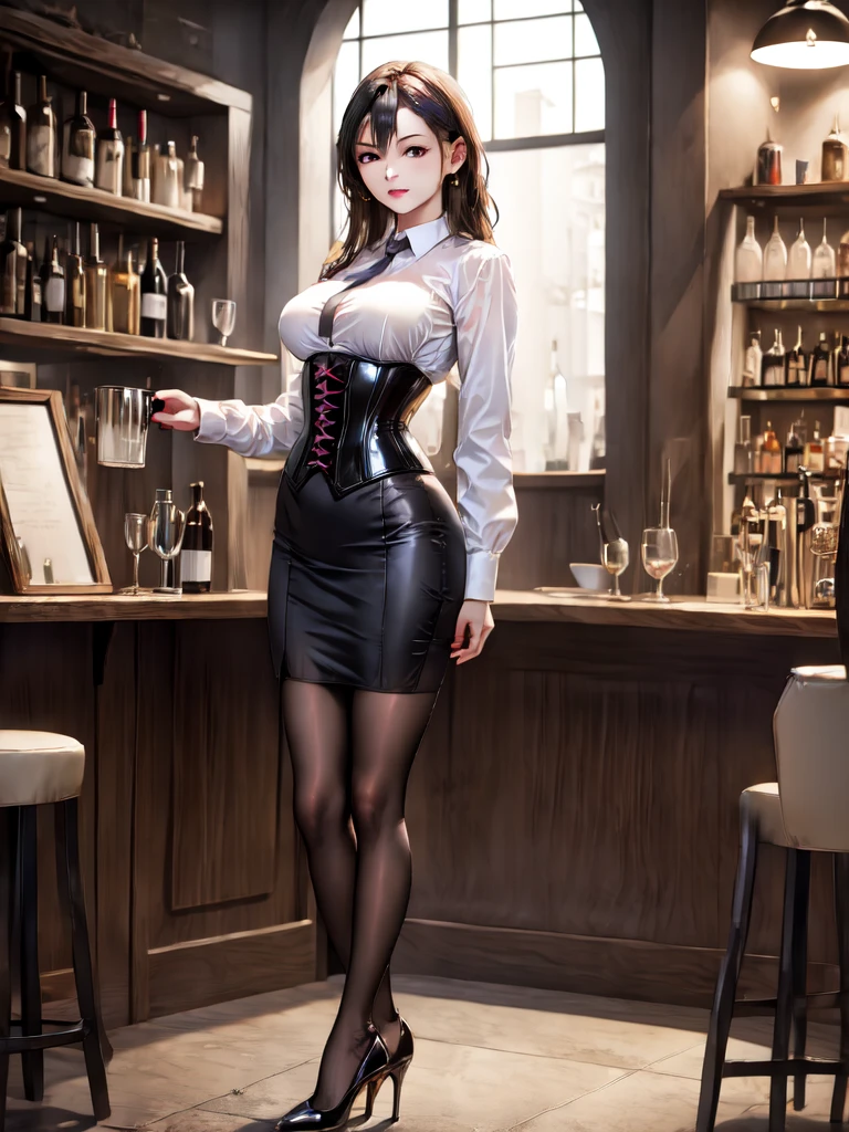 (masterpiece:1.3),(best quality, highest quality),((Full Body Shot,Including face)),1girl,Standing position,4K,masterpiece,((Focus on the face)),((Symmetrical facial features)),Beautiful woman,slender,Excellent style,Beautiful feet,((High heel long boots)),Detailed depiction of the face,(Panty shot),(dress),bar counter、cream soda、bartender、Realistic