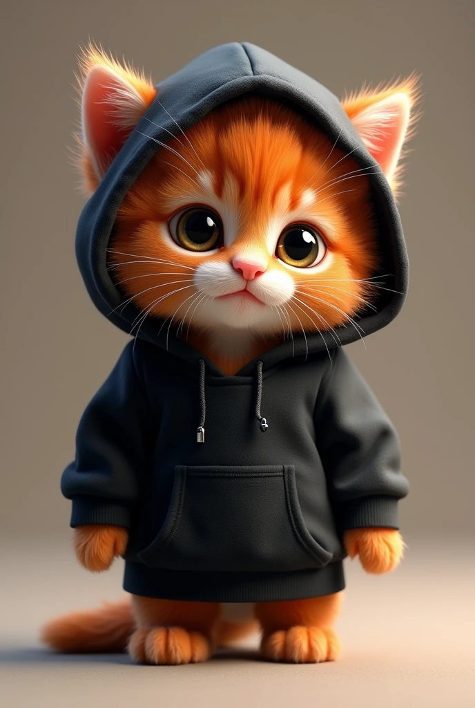 Little red kitten with flame fur in a black sweatshirt with a hat