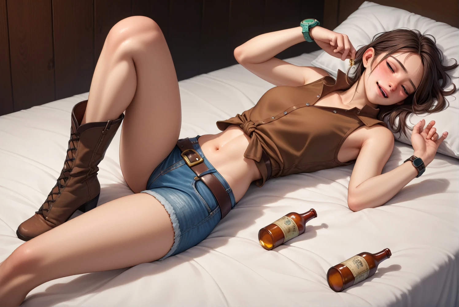 Sexy Cowgirl,Brown sleeveless collared cowgirl shirt,Denim hot pants,Western belt with holster,Western Boots,Watch on wrist,Navel exposed,Drunk,Hiccups,Above the knee shot,Lying in bed,Ultra-high resolution,16K