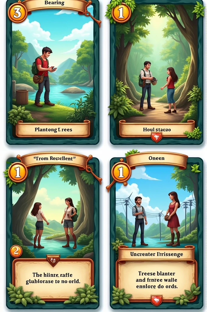 Create RPG Game Cards Action Cards: Represent actions that players can take to improve the environment, How to plant trees, clean rivers, promote recycling, or invest in renewable energy
