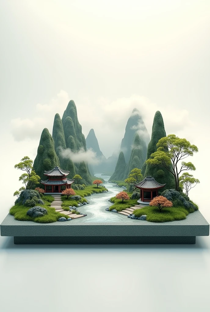 An ancient Chinese style decoration, on a stone, there are welcome pines, mountains, water, ancient Chinese buildings, grass, smoke, micro landscape style, Chinese artistic conception, the main body outside is a clean white background, advertising photography, movie lighting, soft light, realistic lighting restoration, studio shooting, Hasselblad shooting, 50mm lens side top perspective, high tone, High contrast, center composition, HD, 3D stereo art, Ultra HD
