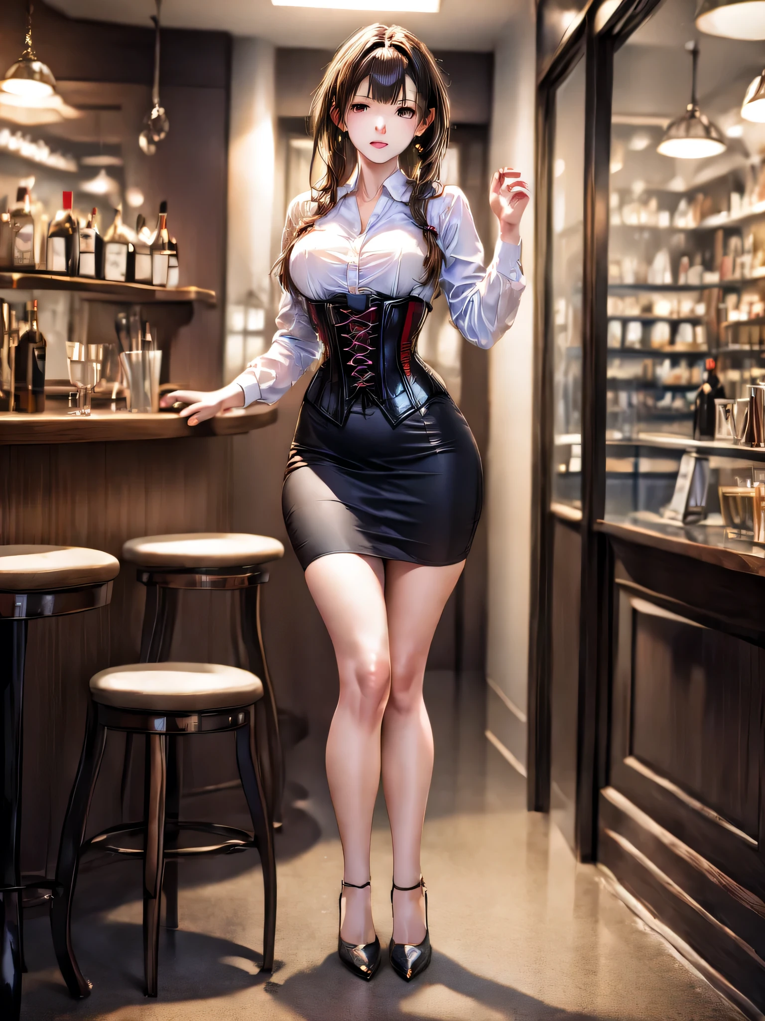 (masterpiece, best quality, highest quality, Masterpiece, 8k:1.5),((Full Body Shot,Including face,1girl)), ((Focus on the face,Symmetrical facial features)), Beautiful woman, (slender), ((High heels)), Detailed depiction of the face, Cafe,bar, (skirt,corset,clerk,uniform),Inside the store,Window Cleaning, (multiple:-1.2),(kawaii:1.2)