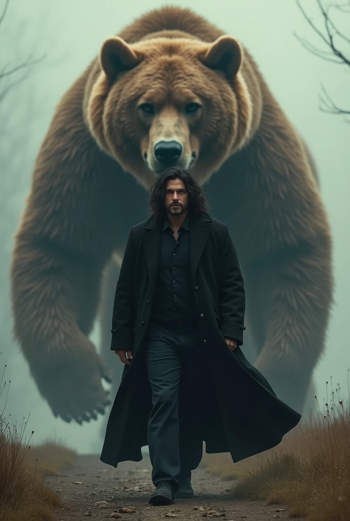 man resembling Can Yaman, long hair and strong look, in a flowing black coat walking with his hands in his pockets, with a huge brown bear behind him, going over your head