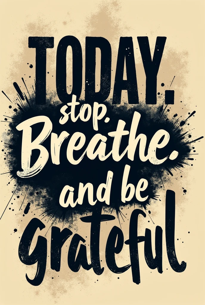 “Vector t-shirt design in the style of Chris Dunn, incorporating the words: "TODAY. STOP. BREATHE. AND BE GRATEFUL.” The design should embrace a caustic grunge aesthetic, with a textured, distressed look that emphasizes the raw and authentic feel of the message. Use bold, yet artistic typography that contrasts against a background with grunge elements, such as scratches, stains, or worn textures. The overall composition should evoke a sense of mindfulness and gratitude while maintaining a gritty, real-world vibe, perfect for a contemporary and impactful t-shirt design.”