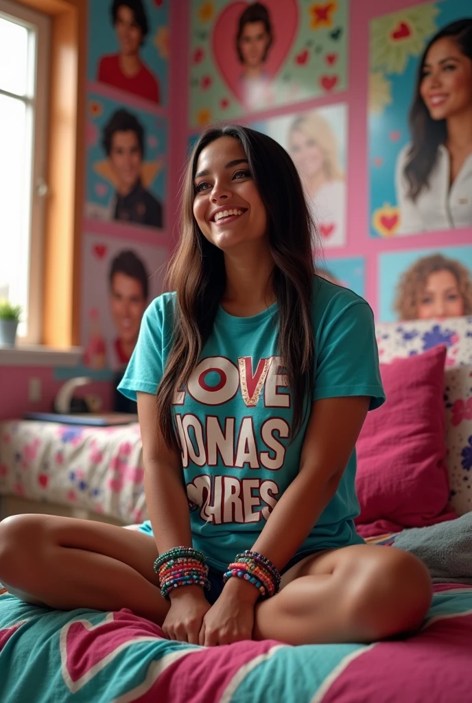 26 year old Hispanic curvy woman with long straight hair sitting on a bed in a room with a wall with 50  posters of Jonas brothers a Disney boy band an album cover by nick jonas , featured on tumblr, pop art, in her room, sitting happy in a Jonas brothers blanket, she is in her room,  a fan girl teenage bedroom, in my bedroom, teenager hangout spot, posing in a bedroom shoving her 50 posters while posing in the same bed, she is wearing a t-shirt that says I love Jonas brothers, posters in the wall of a boy band,  She has a los of colorful bracelets I love Jonas brothers and nick jonas. JONAS BROTHERS, NICK JONAS JOE JONAS KEVIN JONAS. FAN GIRL happy 50 posters on a wall of a boy band 