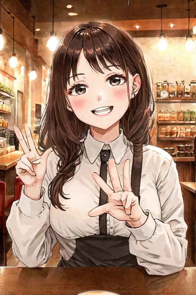 One-handed peace sign、A big smile、Where the photo is being taken、Cafe background、Bring it closer to your face