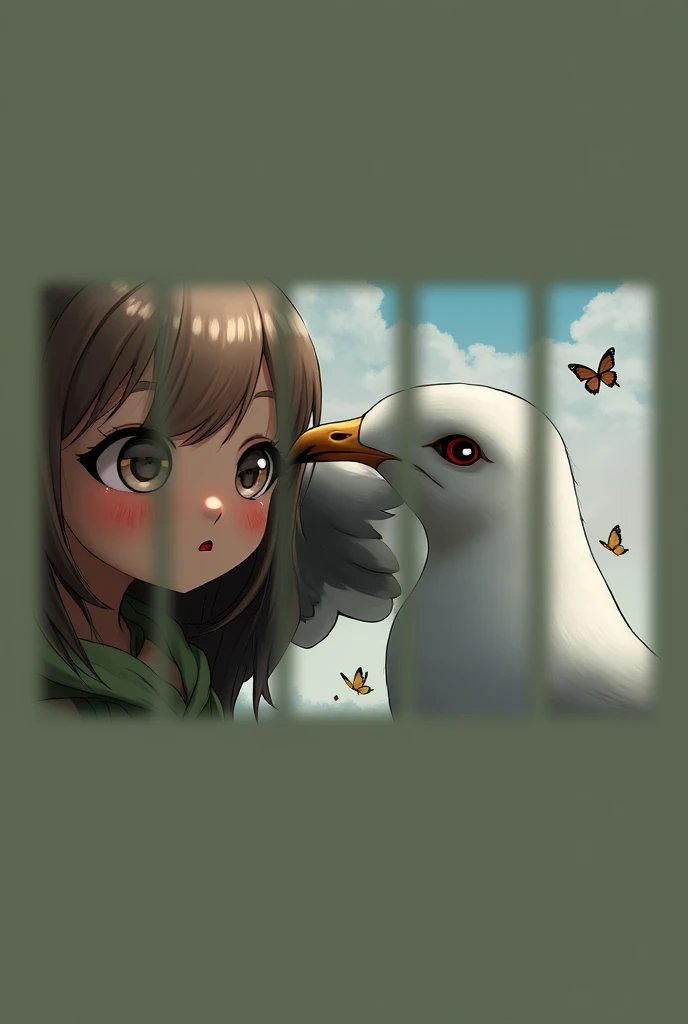 masterpiece, best quality, 1girl, detailed eyes, detailed lips, extremely detailed face, longeyelashes, bird, seagull, sky, cloud, polka_dot, blue_sky, solo, cloudy_sky, bug, butterfly, day, blush, flock, outdoors, Abigail, illustration, oil painting, 4k, 8k, highres, ultra-detailed, realistic, photorealistic, vivid colors, studio lighting, professional, portrait