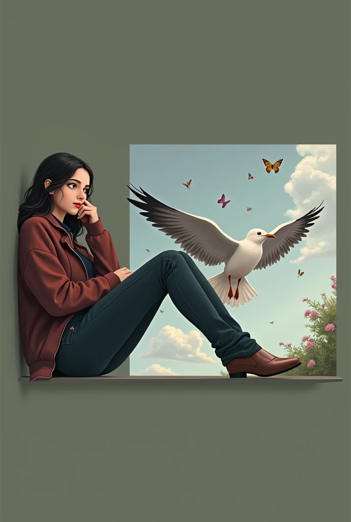 masterpiece, best quality, 1girl, detailed eyes, detailed lips, extremely detailed face, longeyelashes, bird, seagull, sky, cloud, polka_dot, blue_sky, solo, cloudy_sky, bug, butterfly, day, blush, flock, outdoors, Abigail, illustration, oil painting, 4k, 8k, highres, ultra-detailed, realistic, photorealistic, vivid colors, studio lighting, professional, portrait