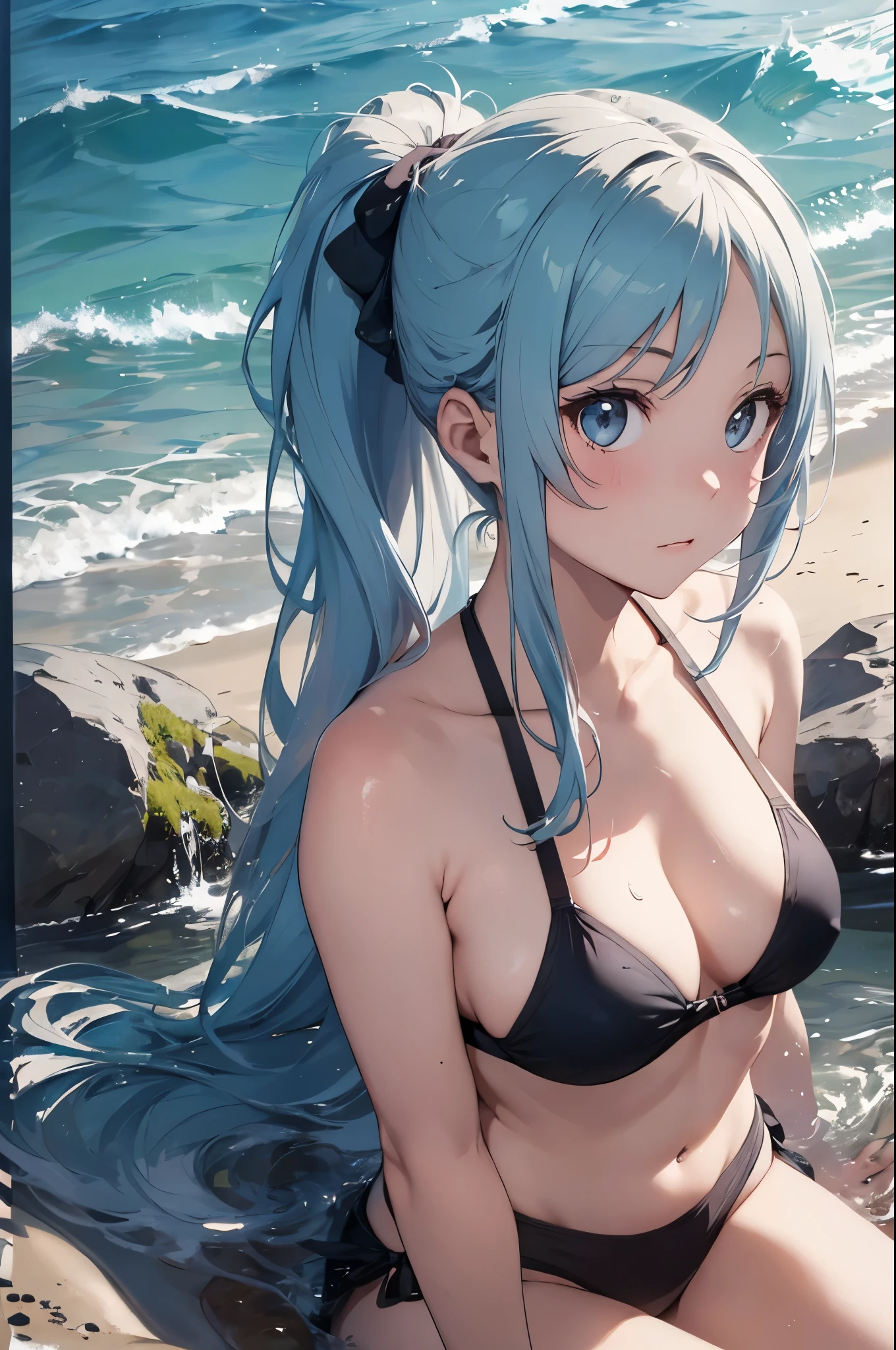 High resolution,topless、
One beautiful young woman,Light blue hair、ponytail、
(Soft Saturation:1.3), (Fair skin:1.2),
(ultra-Detailed Background, Detailed Background), Bokeh,
break&#39;Smiling portrait.,
When viewed from the front, The composition is symmetrical,
Looking straight at you with serious eyes,
break Swimwear, White Bikini, Center of chest, 
Outdoor, Sea surface, null, sunlight,Summer beach, Sandy Beach,
Strong light, Front lighting, 
(Teen:1.3), (Cowboy Shot:1.2),
Front brake angle,
View your viewers,
Dynamic pose,
sitting on the beach

Seaweed、Seaweed、Seaweed、Seaweed、Seaweed、Seaweed、Seaweed、