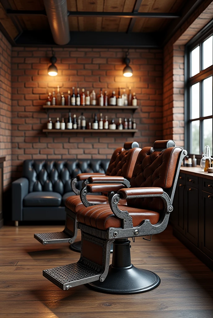 A vintage barber shop with two leather barber chairs ,a black leather sofa with a counter full of scissors and razors with a wooden shelf in the background with whiskey's an ambient light brick walls with a wooden beam in the corner of the wall