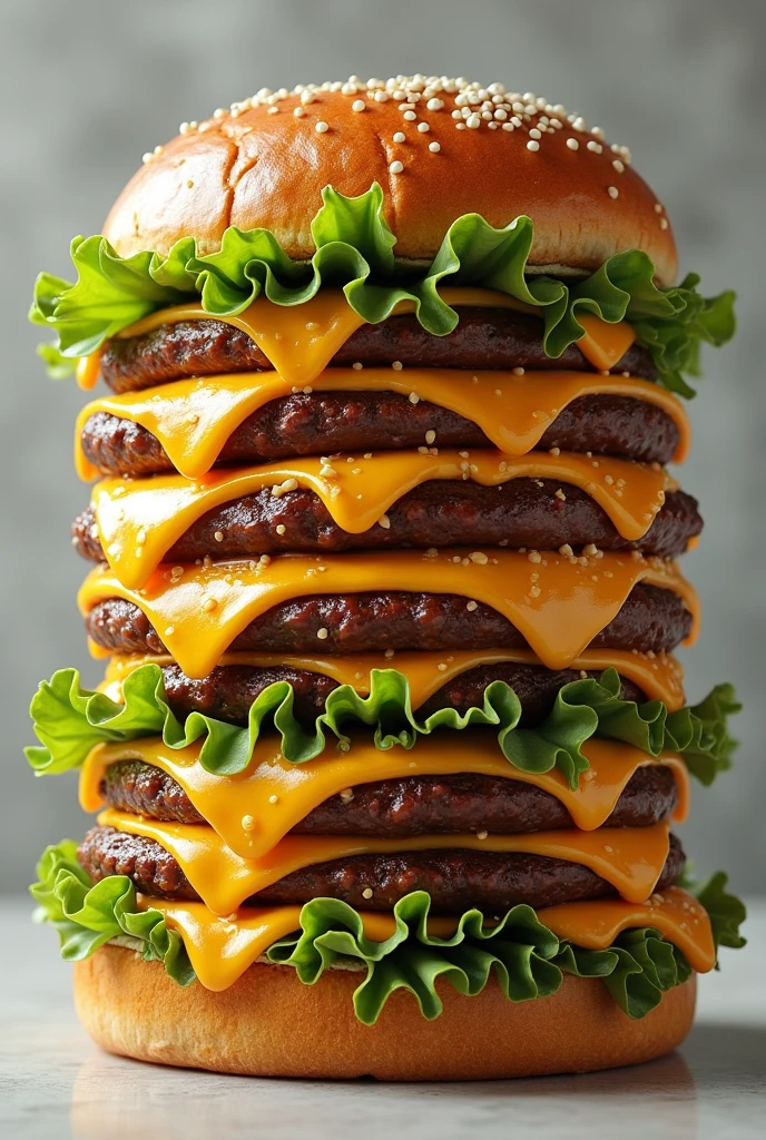 (photorealism:1.2), a large juicy burger with many 12 patties garlic butter, mozzarella cheese, cheddar cheese, lettuce,