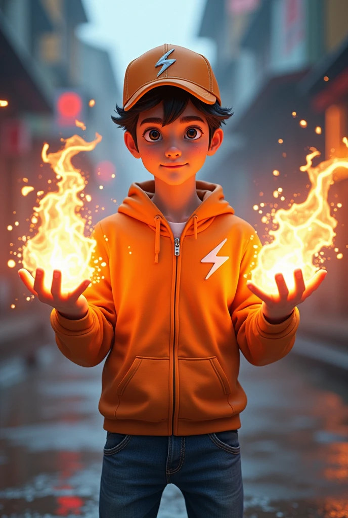 a young real boy Malaysia Indonesia . wearing an orange zip-up shirt,black hair mix little detai white hair. Age 15 year old. orange cap with small thunder logo, detailed face, cinematic lighting, dramatic atmosphere, vibrant colors, 8k, high quality, photorealistic. Hero suit. Thunder come from his hand. Glowing thunder.jeans pants. Very strong. Future design dress