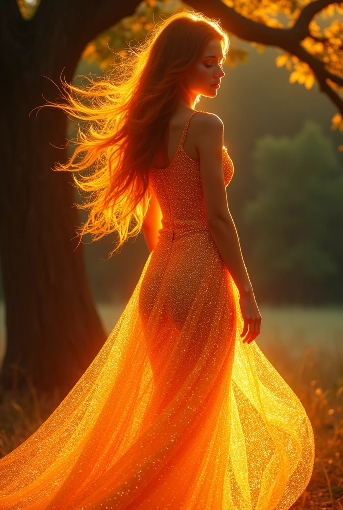 A woman in an orange dress standing in front of a tree, dress made of fire, extraordinary beauty, Orange details, flowy dress, fire dress, loose orange hair, wearing a dress made of beads, orange tones, extraordinary beauty, orange skin. Intricate, long shiny ethereal hair, vibrant orange, Ethereal yellow orange, beautiful dress dress