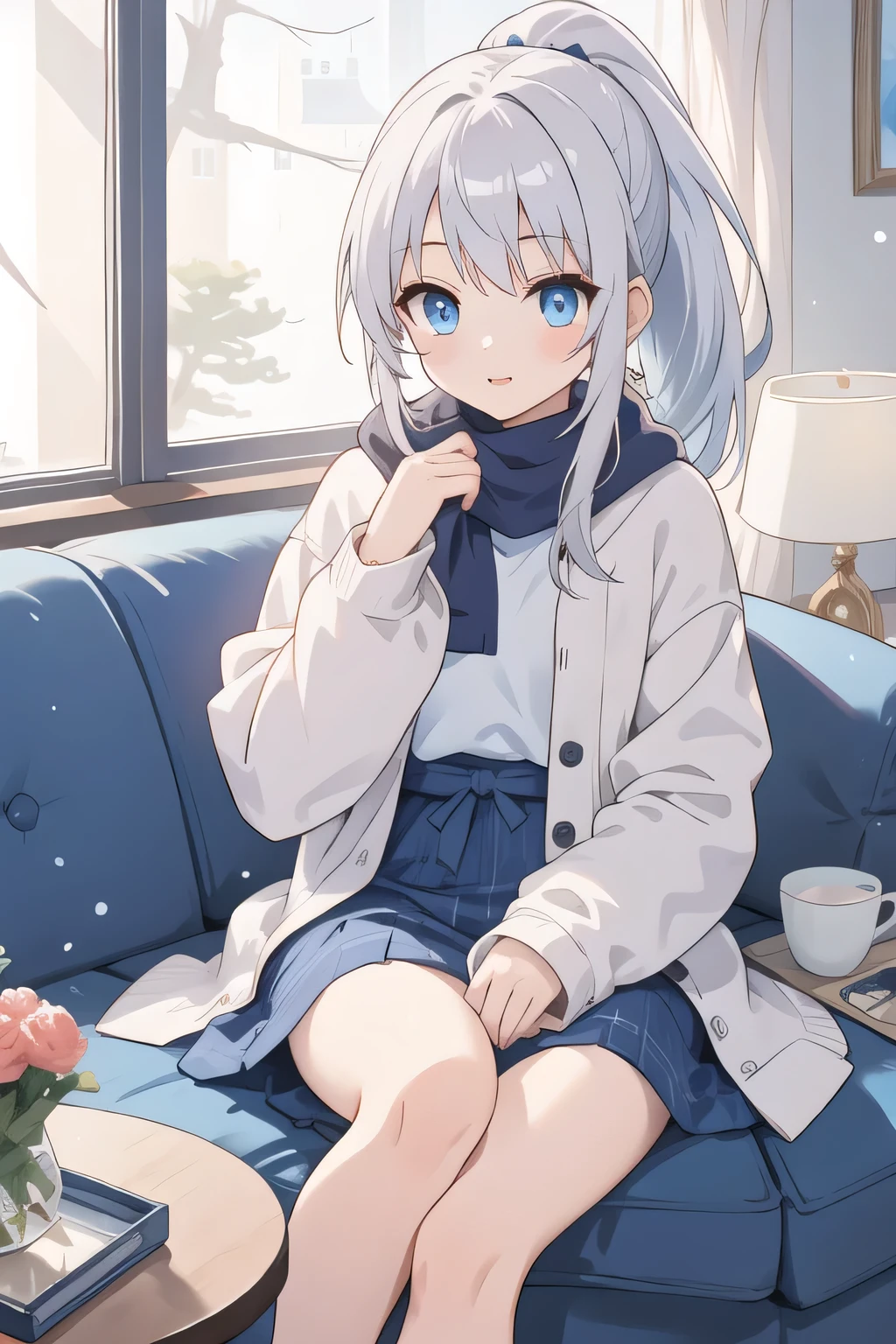 cute girl, anime, silver hair, open leg, blue eyes, ponytail, (blue ribbon:0.7), cute, winter, living room, everyday wear