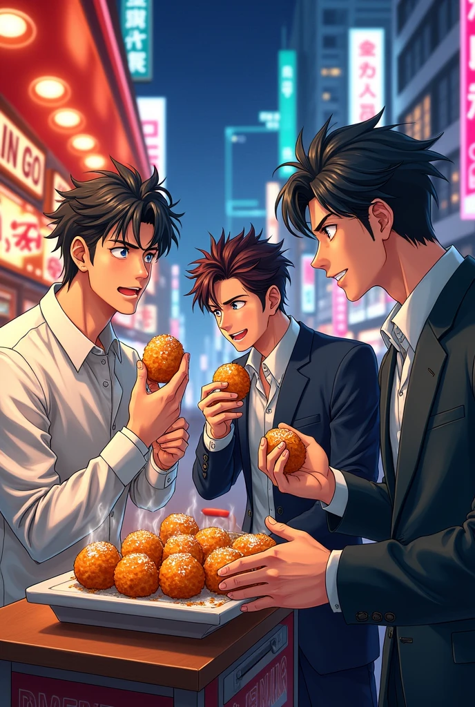  anime men eating takoyaki.