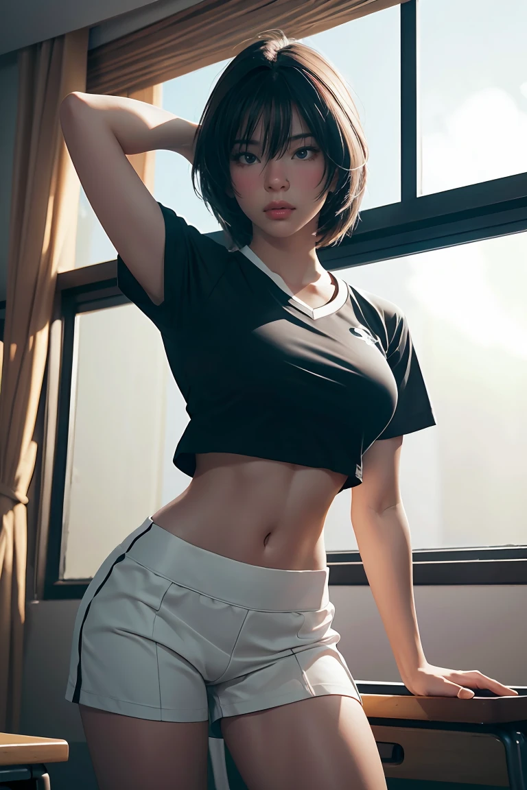 1 girl, ภาพช็อตของ re4ashley, About sports, black , white shirt, classroom, Volumetric light, best quality, Masterpiece, complicated details, Tone mapping, Sharp focus, There are too many details., Trending on artstation, realistic, 