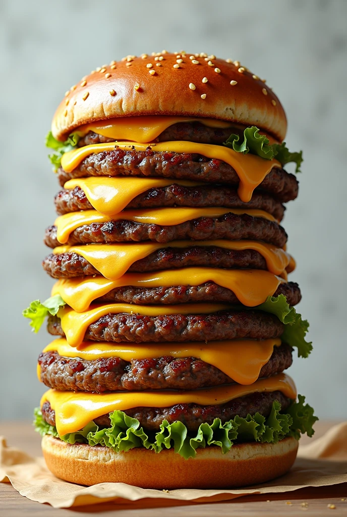 (photorealism:1.2), a large juicy burger with 12 patties garlic butter, mozzarella cheese, cheddar cheese, lettuce,