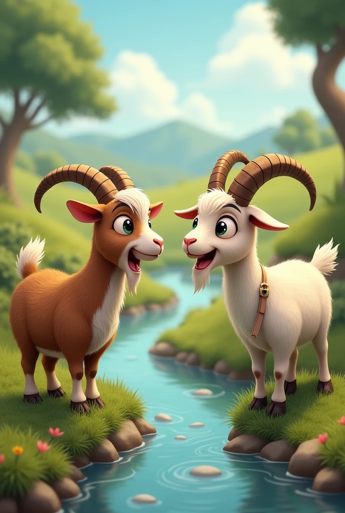 The first goat asks the second goat where she is going. The second goat replies that she is crossing the stream.The second goat then asks the first goat the same question, and the first goat responds that she is heading to her village.