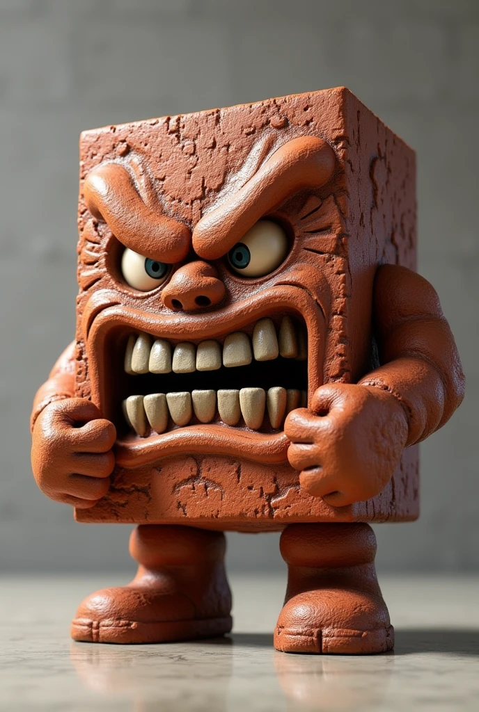 A brick character, with an angry and pumped up face