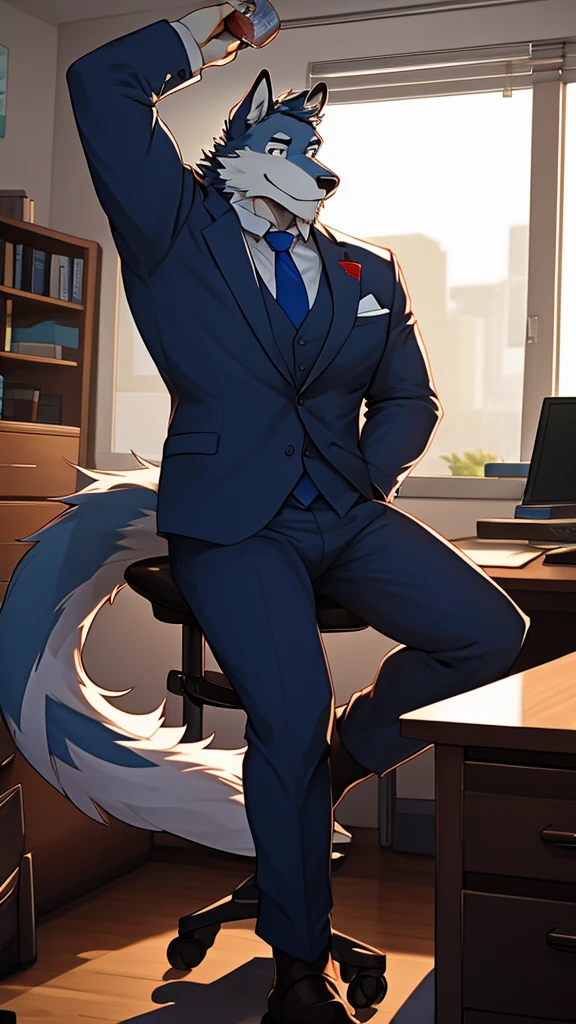 A Picture of A Muscular Furry Dark Gray Wolf . He is wearing A Dark Blue Suit Jackets A Light Blue Shirt A blue Tie and A light blue shorts. He is In His Dorm Room And Sitting On A Office Chair. The Chair Is Beside His Work Table. The Time is At Night. His Right Hand is Holding A Can Of Beer on The Table And His Left hand is Holding A Flag The flag appearence is Blue In the middle The Red On Top And Bottom And White Above And Below Blue. he is looking at you with a smile on his face. his tail is very long