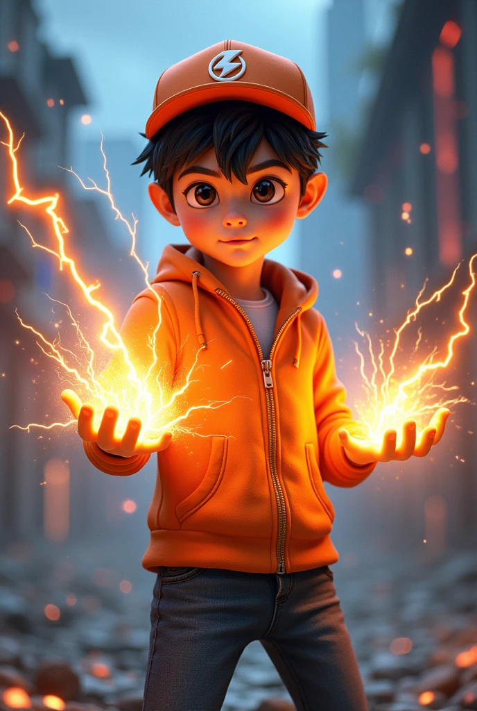 a young real boy Malaysia Indonesia . wearing an orange zip-up shirt,black hair mix little detai white hair. Age 12 year old. orange cap with small thunder logo, detailed face, cinematic lighting, dramatic atmosphere, vibrant colors, 8k, high quality, photorealistic. Hero suit. Thunder come from his hand. Glowing thunder.jeans pants. Very strong. Future design dress