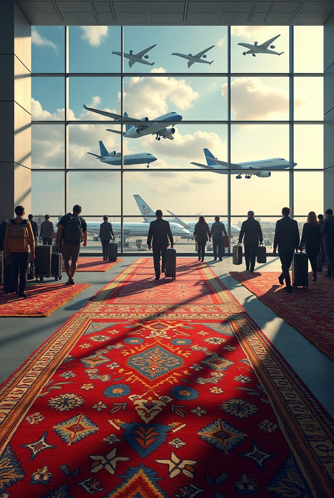 Airport with airplanes view filled with rugs