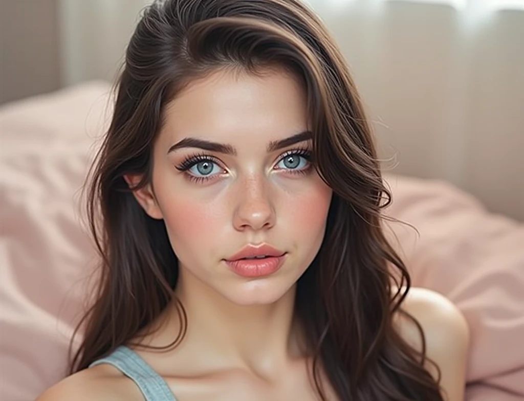 Super realistic, Very detailed, sexy, young,europea, blue eyes, dark brown hair, medium breasts, blue eyes, 19 years, iPhone 14 pro max camera, fusion_dead_catentes, (twilight:1.2) , (Soft lighting:1.2), (luxury bedding:1.2), photorealistic, raw, textured skin, skin pores, intricate details, epicRealism.