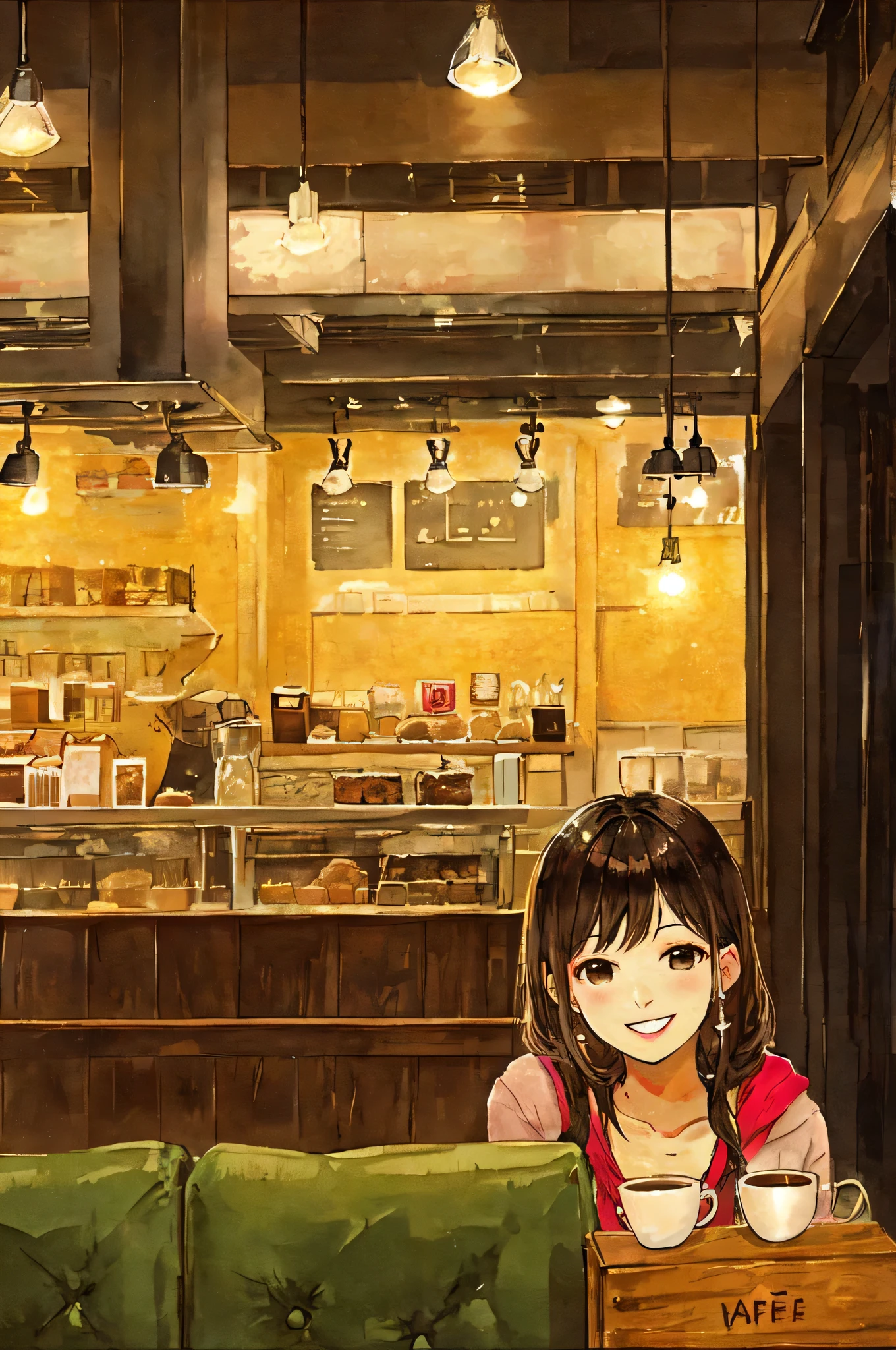 Double Peace、smile、Where the photo is being taken、Cafe background