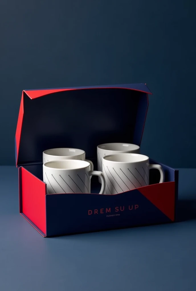 create me a coffee cup set box, with 4 units of 80 ML cups each, the box needs to be dark blue with red and the line will be "diamond", get inspired by the boxes of cups and products from "house power"