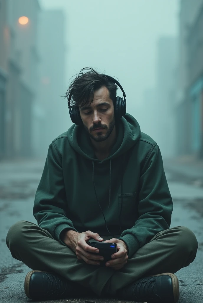 a man that doesn't care about anything, while listening to music, show the background