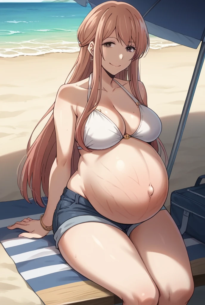 score_9, score_8_up, score_7_up, source_anime,
akaneminagawa, akane minagawa, long hair, bangs, brown hair, brown eyes, Big breasts,
Bikini, shorts, Heels, big belly, large belly, Beach, background, rubing belly, smile,
looking at viewer, cowboy shot, solo, pregnant, possing, Sitting, Stretch marks, belly button, earrings, uñas negras