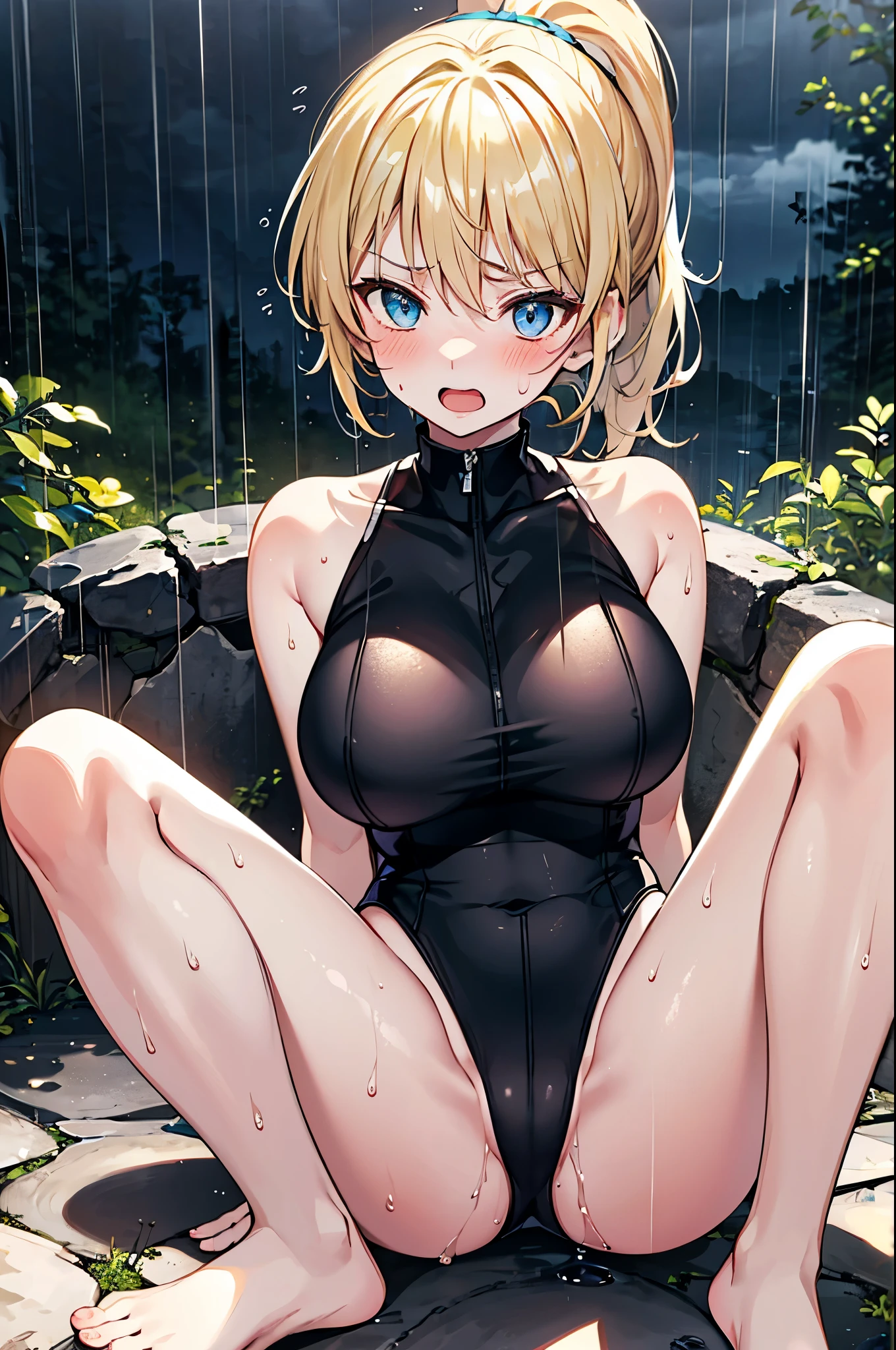1 person,blue eyes, blonde,ponytail, ,Black leotard,barefoot,High leg cut,Sitting, Spread your legs, Serious face,blush,Sweat,Please open your mouth wide,Haa,forest,rain,cloudy,