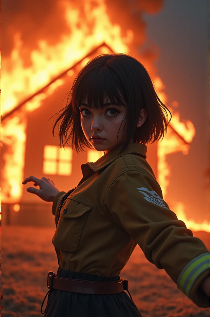 a girl with black and cut hair fighting house burning in the background