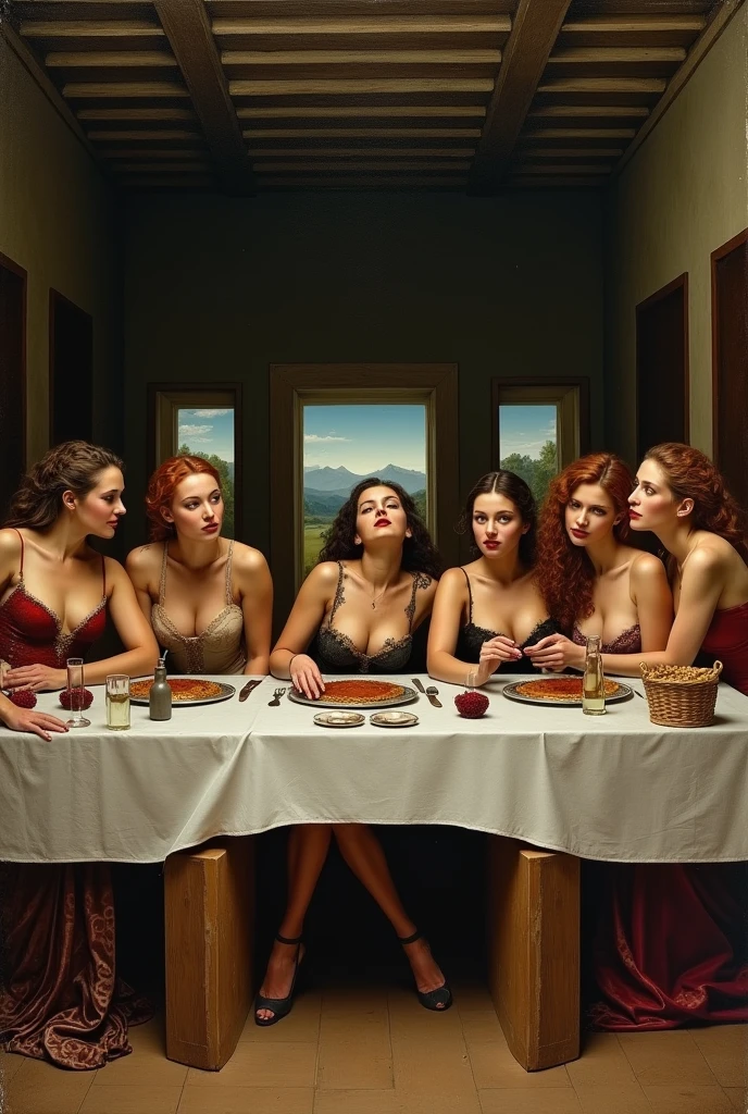 RE-READ LEONARDO DA VINCI'S THE LAST SUPPER VERSION with women sitting at the table in a sexual pose