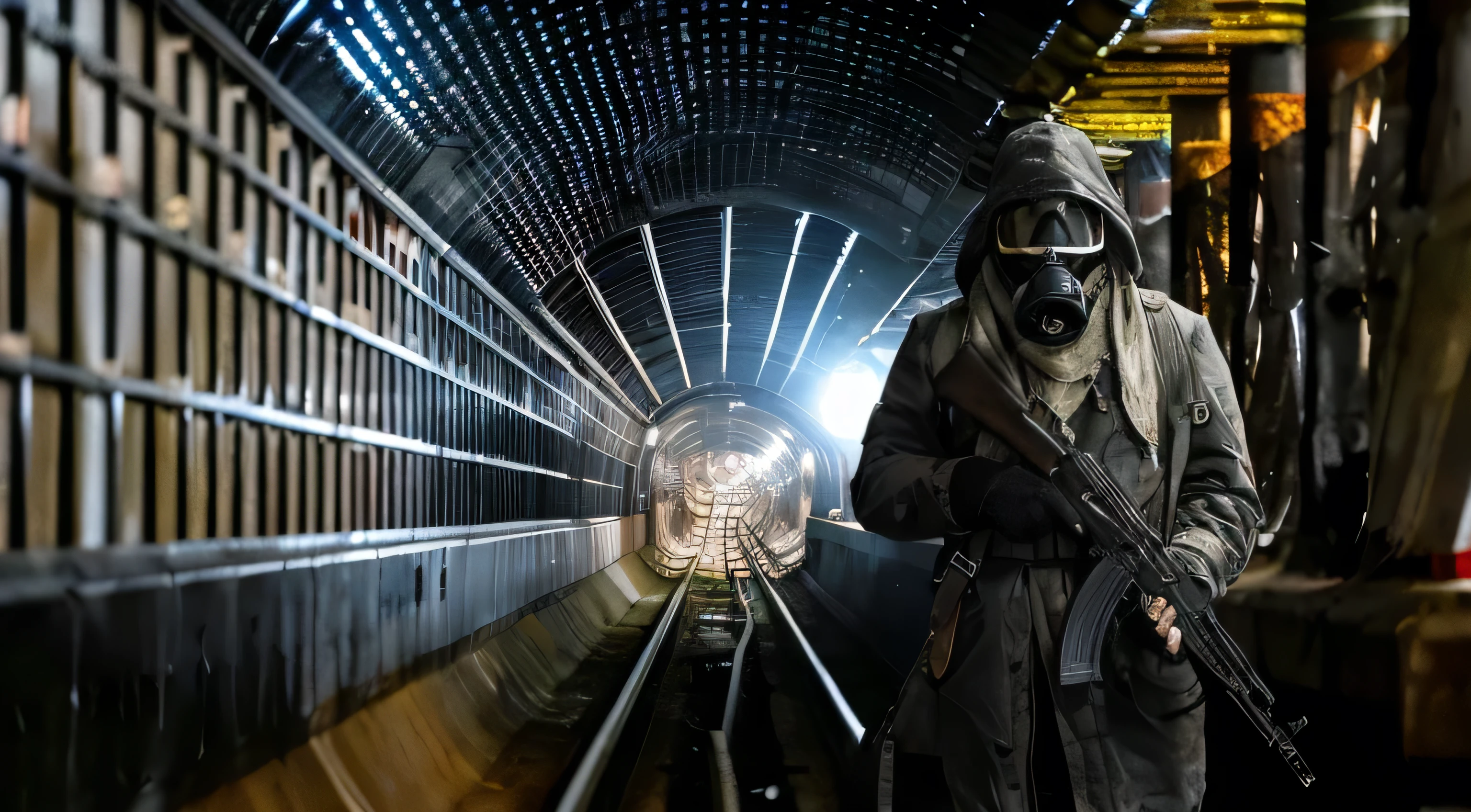 there is a man in a gas mask and a gas mask on, underground tunnel, tunnels lead to different tunnel, in a post apocalyptic setting, underground tunnel, metro 2 0 3 3, stood in a tunnel, postapocalyptic style, underground scene, underground lab, in an underground laboratory, post apocalyptic atmosphere, military photography, the scary empty liminal spaces