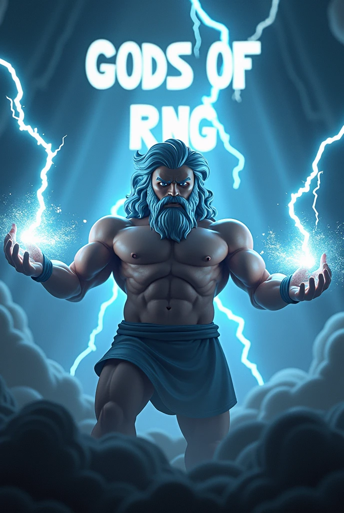 Zeus shooting lightning in the dark as a roblox character (add text of the art saying Gods Of RNG and make it match the background)