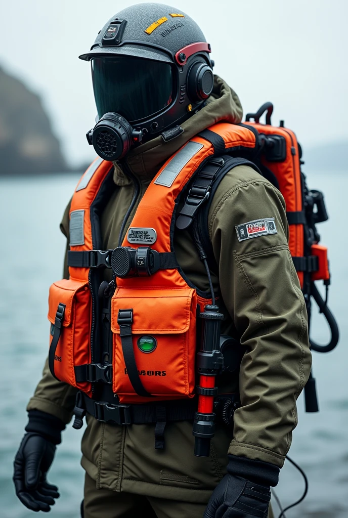 A inflated life jacket with a oxygen mask ,shark repellent ,water proof GPS tracker, waterproof mini heater, airbags with sensors(both back and front), bi-metallic strip and helmet