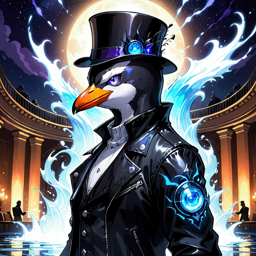 Profile picture in Anime style art, manga midnight black top hat an extremely badass anthropomorphic anime penguin wearing an insanely cool black leather Harley Davidson biker jacket open with purple water surrounding him and glowing blue eyes, in an enlightened ballroom background