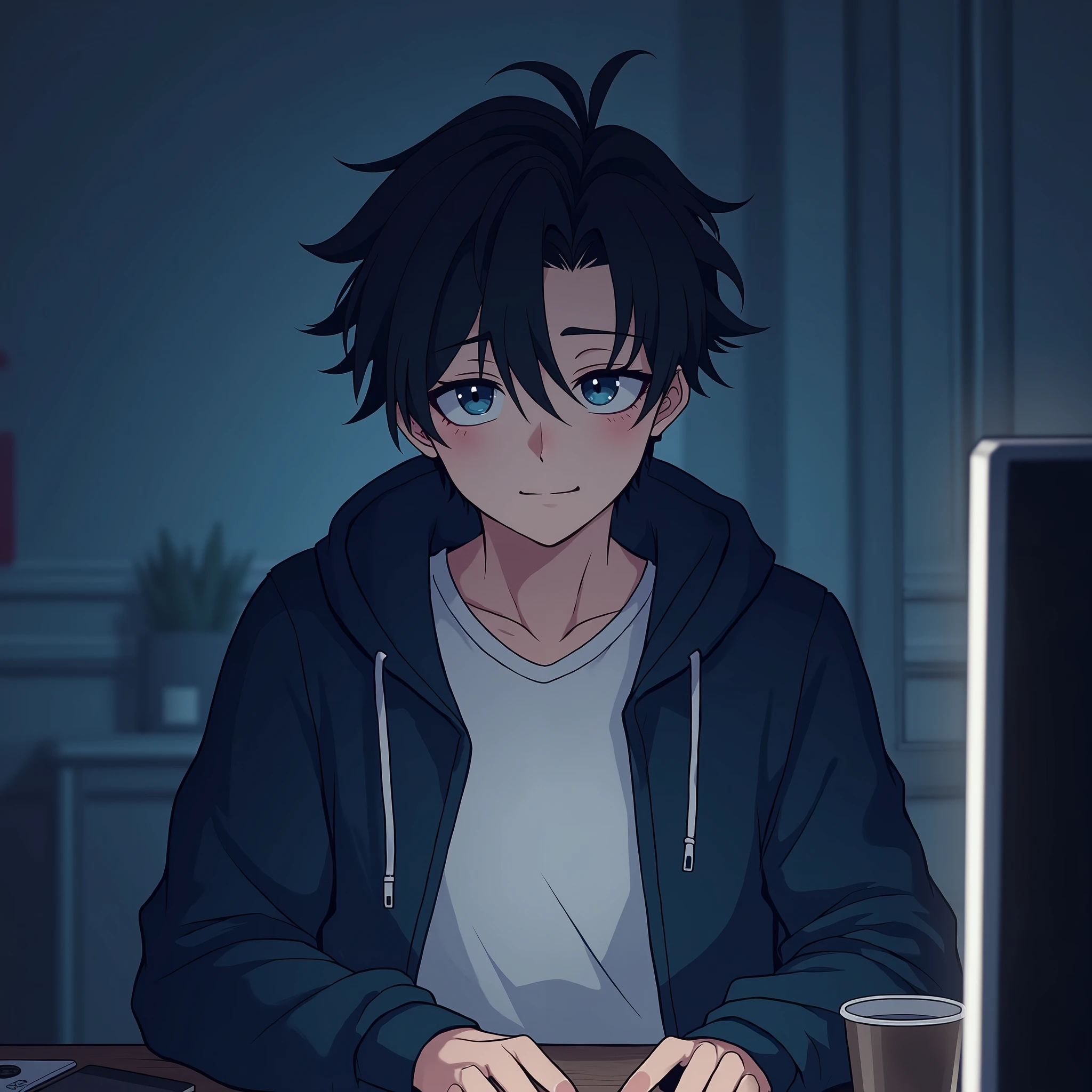 One person,Handsome,Black Hair, blue eyes, White T-shirt,Navy blue jacket,smartphone,computer,mask,Anime Style,An illustration,Drooping eyes,Illness,night,Streamer asymmetrical hairstyle, seems kind,Confused eyes