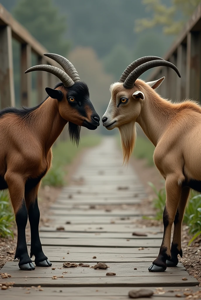 The first goat insists that she will cross first and tells the second goat to follow behind her.The second goat refuses and says she will go first. The two goats become stubborn and refuse to back down.They start arguing, both repeatedly saying, "I will go first."