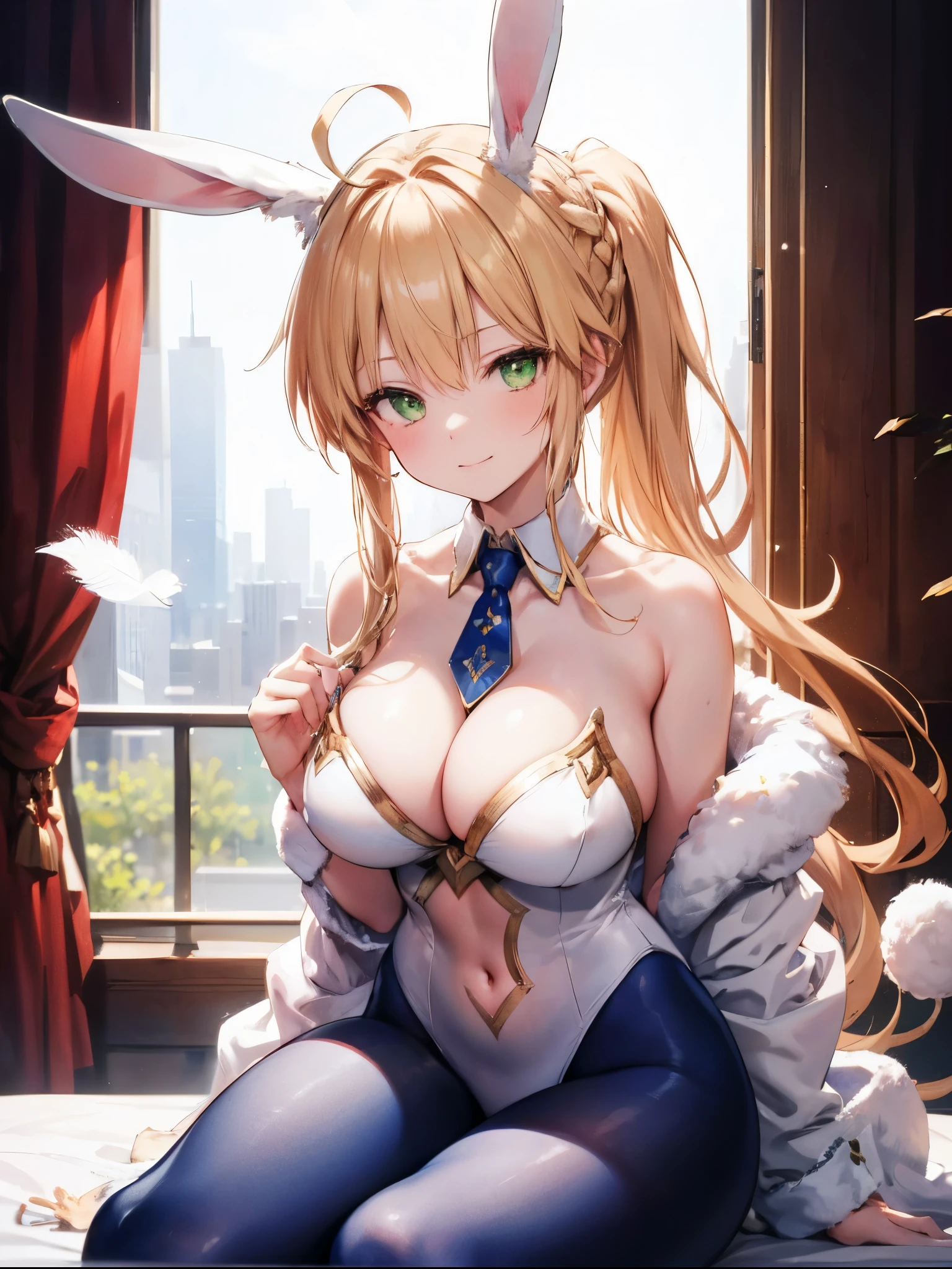 masterpiece, Highest quality, Absurd, soft Lighting, View your viewers, alone, Light_smile, shy,
One person, Ahoge, Rabbit ears, Playboy Bunny, artoria pendragのsuperior \(Swimsuit ruler\) \(destiny\), big breasts , blのsuperiorde hair, Green Eyes, French Braid,  pのsuperiory tail
bare shoulders, big breasts , Cleavage,
Cut out clothing, hand首カフ, Detachable collar, Navel clipping, Boa Feather,
White leotard, Blue tie, Blue Pantyhose, シングルThighsストラップ, hand_のsuperior_head,put_hand_superior,
Squat,nice_squirt_landscape_background,alone,Rabbit_Pause,big_Thighs,extend_refer to,handのひら,Open_feet,.alone