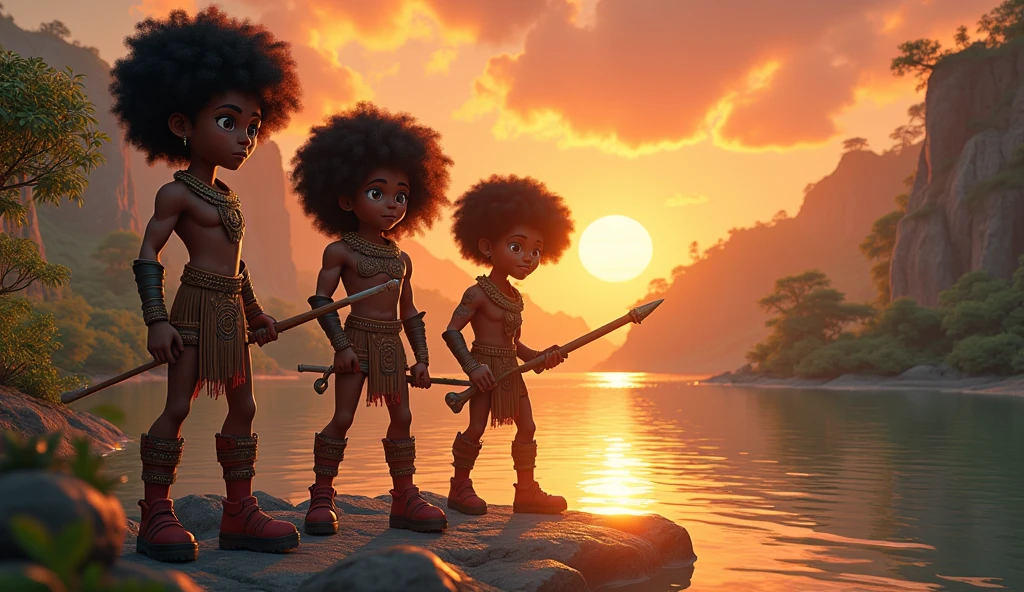 Generate me an image of three 3d cartoon afro warrior characters by a river at sunset