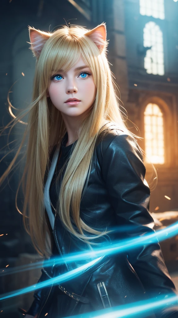One person, High resolution, Long Hair, sight, Shortcuts, blonde, blue eyes, Cat ear, Portraits, far and near method, Motion Blur, figure, Fantasy Background,