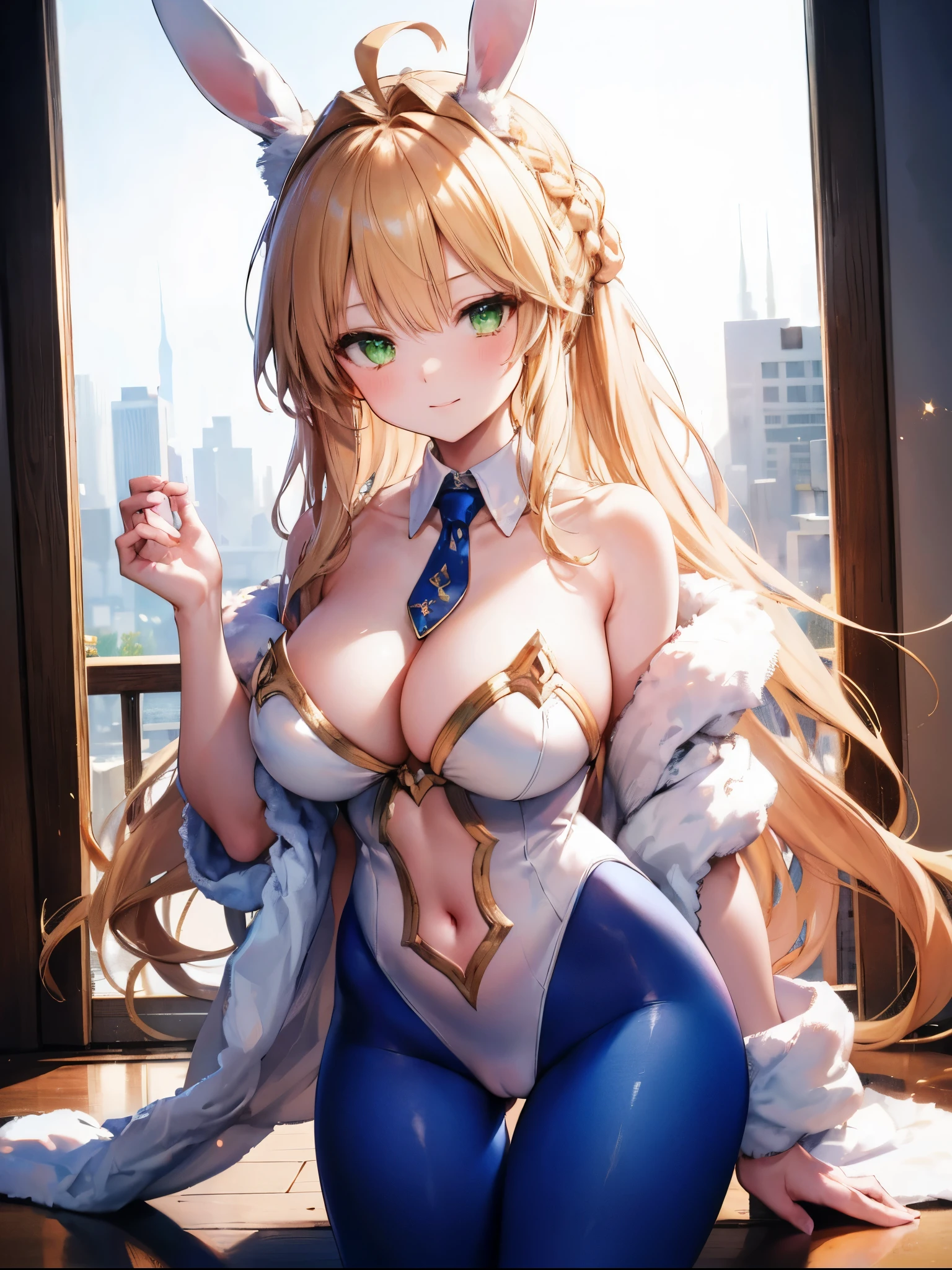 masterpiece, Highest quality, Absurd, soft Lighting, View your viewers, alone, Light_smile, shy,
One person, Ahoge, Rabbit ears, Playboy Bunny, artoria pendragのsuperior \(Swimsuit ruler\) \(destiny\), big breasts , blのsuperiorde hair, Green Eyes, French Braid,  pのsuperiory tail
bare shoulders, big breasts , Cleavage,
Cut out clothing, hand首カフ, Detachable collar, Navel clipping, Boa Feather,
White leotard, Blue tie, Blue Pantyhose, シングルThighsストラップ, hand_のsuperior_head,put_hand_superior,
Squat,nice_squirt_landscape_background,alone,Rabbit_Pause,big_Thighs,extend_refer to,handのひら,Open_feet,.alone